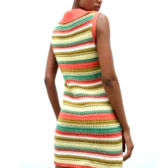 Zara Crochet Knit Dress Sleeveless Collared Colorful Stripes Mini Size Large - Picture 2 of 10